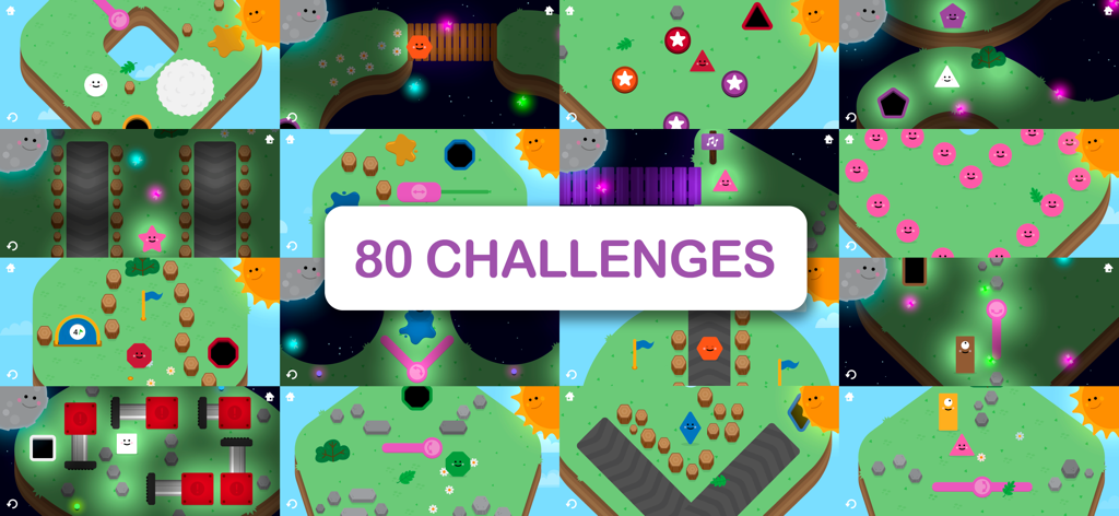 Goodness Shapes Shuffle - Una cuadrícula de 16 niveles de puzles coloridos de la aplicación Goodness Shapes Shuffle con una superposición central que indica 80 desafíos