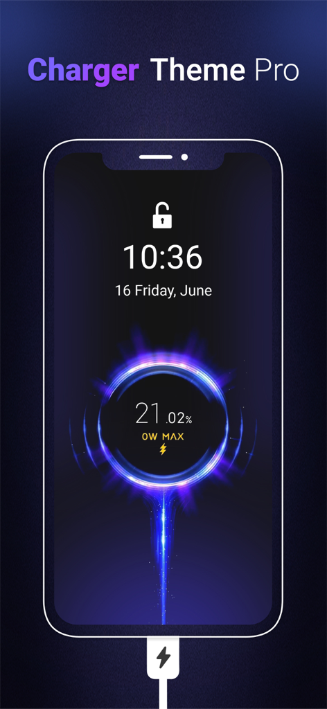 Animación de carga de batería 3D de neón azul en una pantalla de bloqueo de iPhone