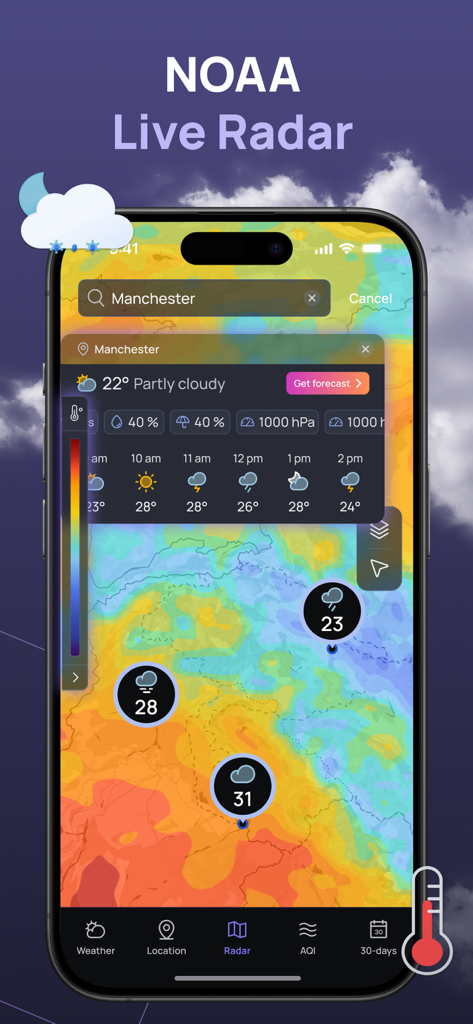 NOAA Weather Radar, Forecast - Pantalla de smartphone que muestra el mapa del radar en vivo de la aplicación meteorológica NOAA y el pronóstico del tiempo por horas