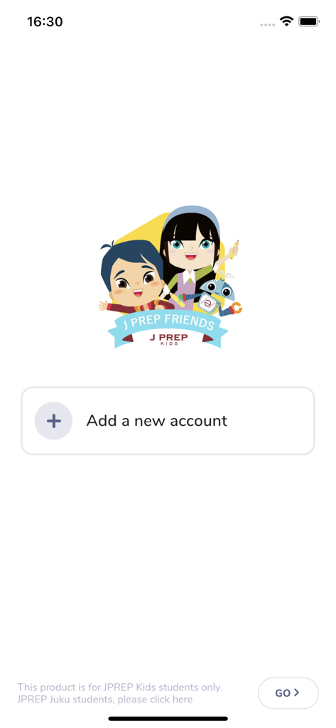 J PREP Friends - J PREP Friends app startup screen featuring cartoon mascots and a button to add a new account