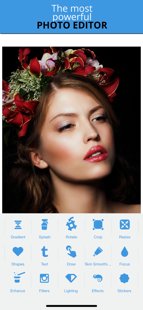 Photo Studio - Image Editor - Interfaz de la aplicación Photo Studio que muestra herramientas de edición como filtros, recorte y retoque debajo de una foto de retrato