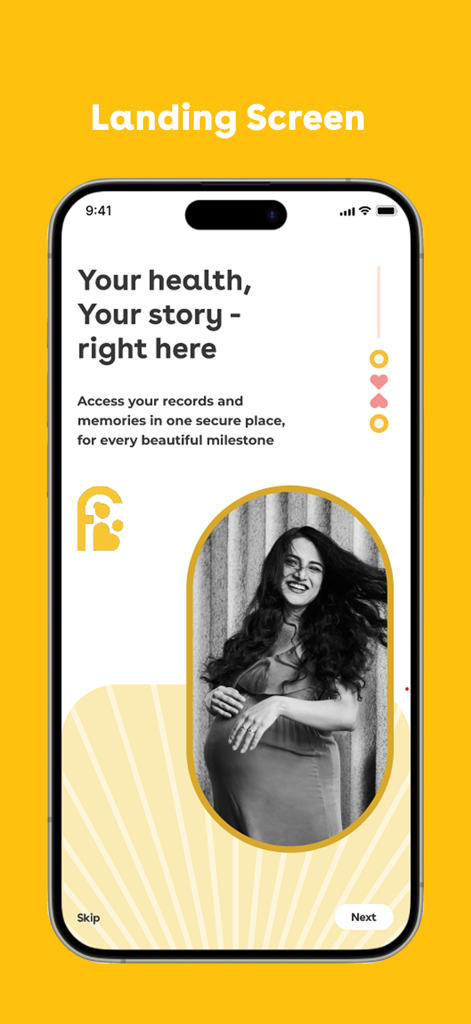 Landing screen of the Fernandez Hospital mobile app featuring a smiling pregnant woman and a welcome message for maternal health tracking.