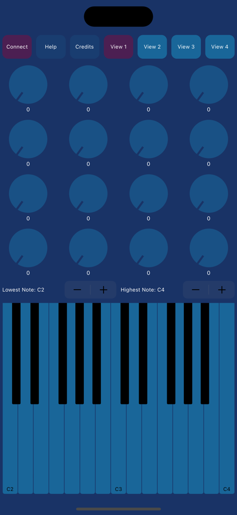 Interfaz de la aplicación Bluetooth MIDI Controller Pro con una cuadrícula de perillas de control y un teclado de piano digital