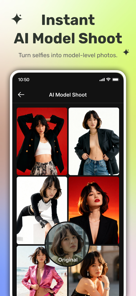 50+ AI Design Tools: MagicShot - MagicShot App-Oberfläche zeigt professionelle Model-Fotos, die mit KI aus einem einzigen Selfie generiert wurden.