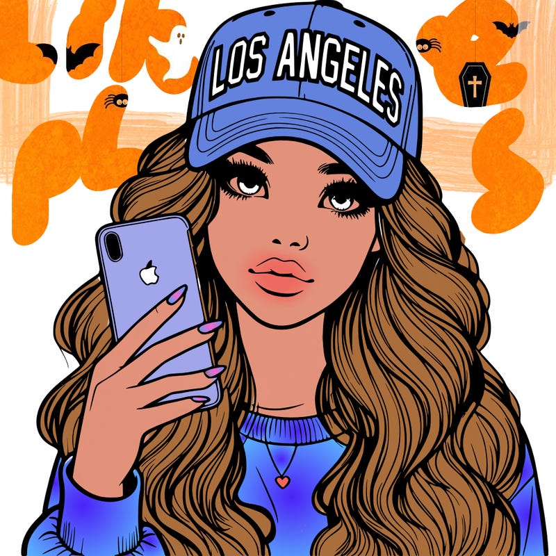 realistic beautiful girl wearing los ángeles cap holding an iphone