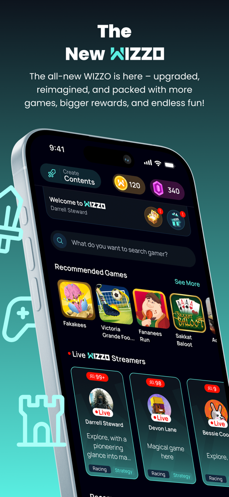The home screen of the WIZZO app showing recommended games and a list of live streamers.