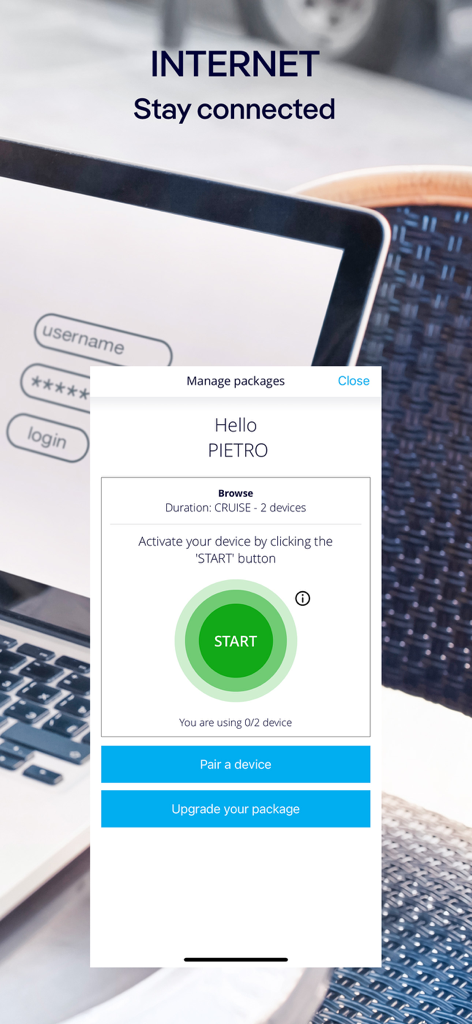 MSC for Me - MSC for Me app interface for managing and activating onboard cruise internet packages