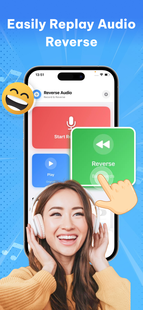 A woman using the Reverse Audio Sing Challenge app to replay voice recordings backward