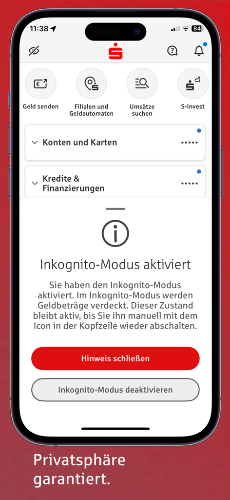 Sparkasse app interface showing activated incognito mode to hide account balances for increased privacy in public spaces