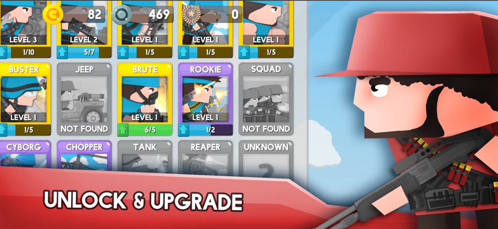 Clone Armies - Tactical Game - Clone Armies Spielmenü mit verschiedenen Einheitenkarten zum Freischalten und Verbessern von Soldaten und Fahrzeugen