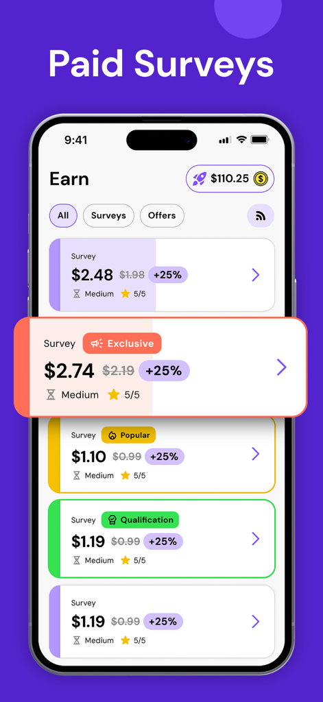 A smartphone displaying a list of available paid surveys with cash reward amounts on the Pawns.app interface.