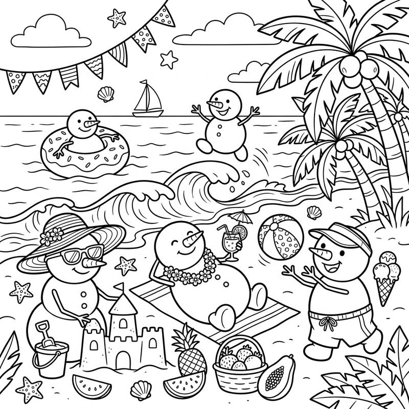 Experience the ultimate frosty-meets-tropical adventure with this delightful coloring page featuring festive snowmen enjoying a vibrant summer beach vacation. From sandcastles to ocean dips, this scene is bursting with sunny fun and creative possibilities for all ages.