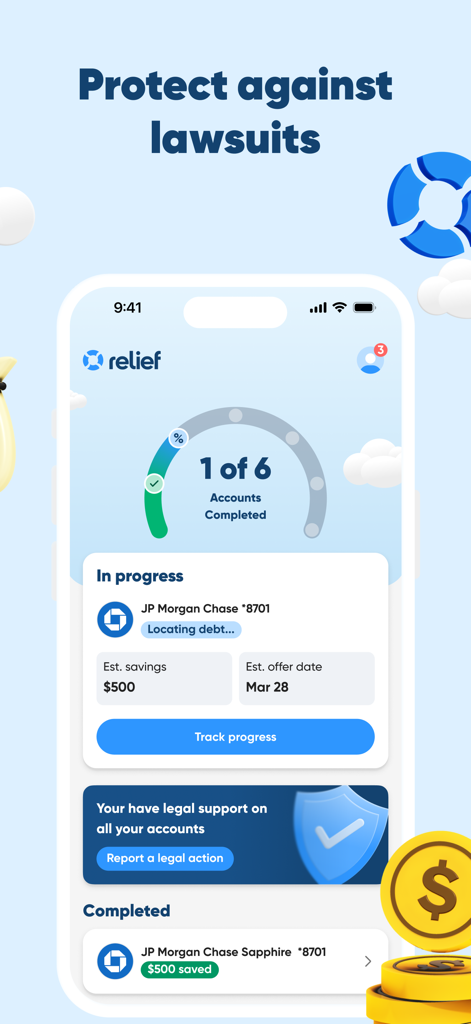Relief: Get out of debt - Relief app dashboard showing debt settlement progress and legal protection