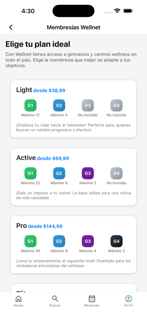 Wellnet app screen displaying three subscription tiers: Light, Active, and Pro with their respective prices and session limits for fitness and wellness centers.