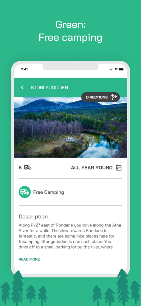 Ein Screenshot der Campersite Norwegen App, der einen kostenlosen Campingplatz namens Storlyuodden mit einem Drohnenfoto eines Wohnmobils an einem Fluss zeigt.
