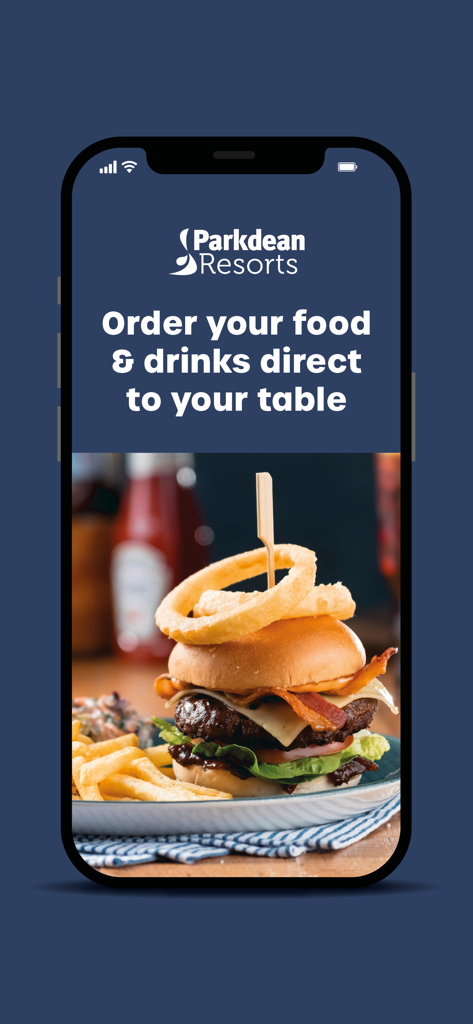 Interfaz de la aplicación móvil Parkdean Resorts que muestra una hamburguesa y el texto Pide tu comida y bebida directamente en tu mesa
