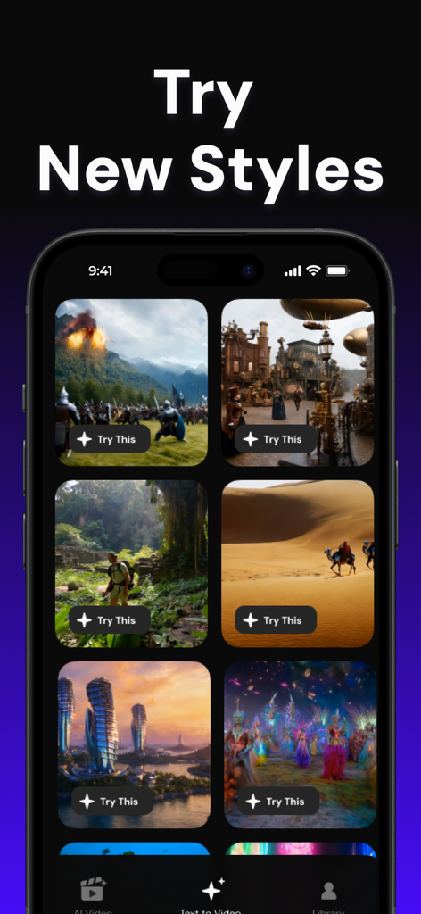 Boom AI app interface showcasing a variety of AI video generation style templates including fantasy, steampunk, and futuristic themes.