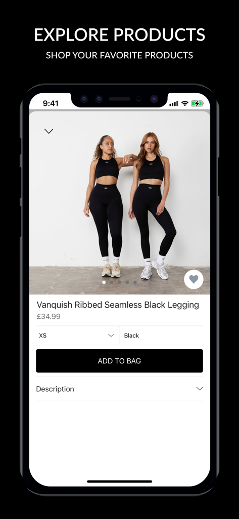 Vanquish Fitness - Une page produit de l'application mobile Vanquish Fitness montrant des leggings noirs sans coutures côtelées sur deux modèles.