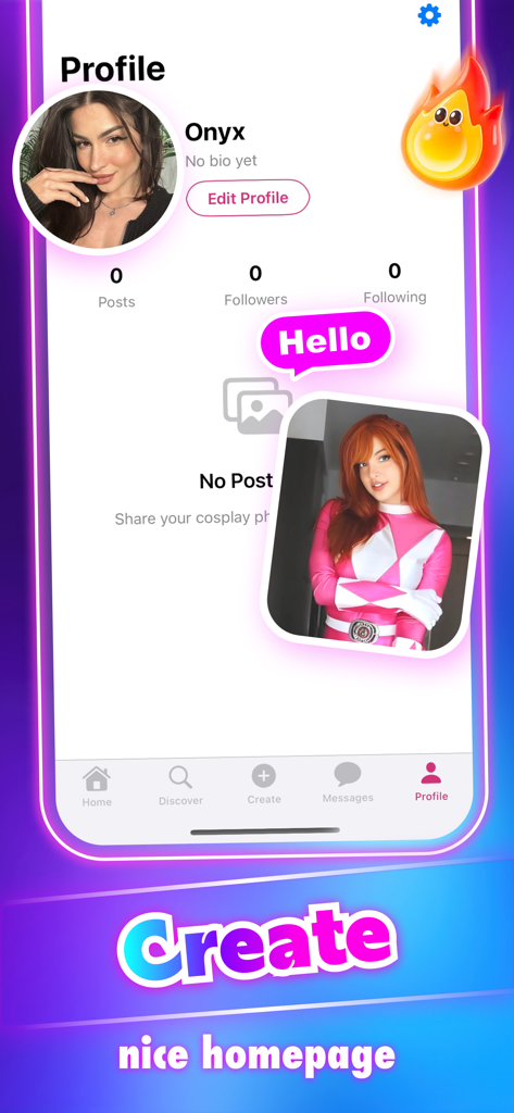 Página de perfil de la app social Jera con una foto de cosplay y estadísticas de usuario.