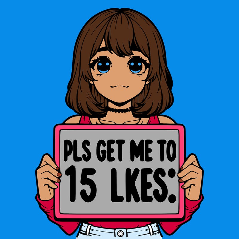 realistic girl holding up a sign that says “pls get me to 15 likes!”