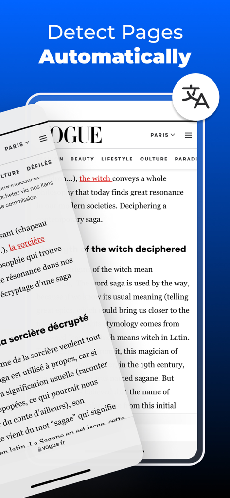 Website Translator for Safari - Fonctionnalité de traduction automatique de pages Web dans le Traducteur Web pour Safari.