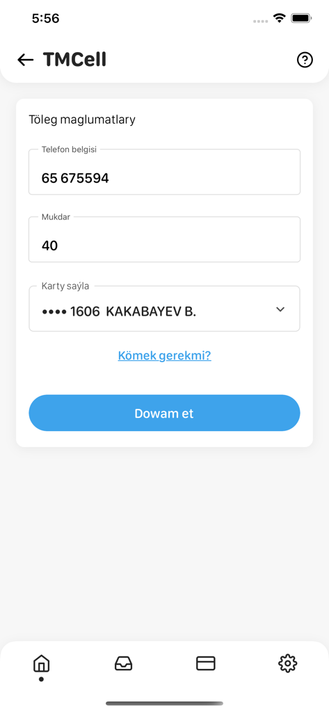 TMCELL Töleg - TMCELL Toleg app interface for entering phone number and recharge amount for mobile payment