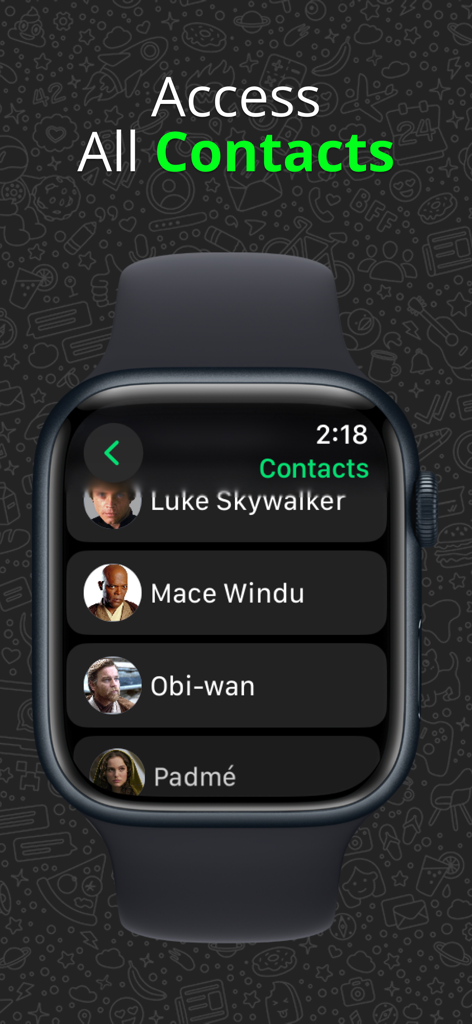 WatchTalk: Chat on Watch - Una lista de contactos de WhatsApp mostrada en un Apple Watch usando la aplicación WatchTalk.