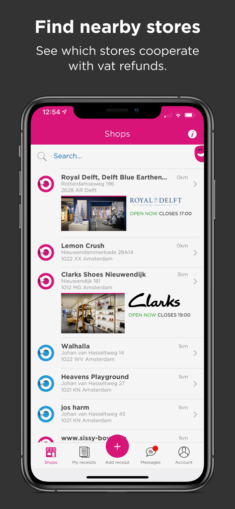 vatfree.com - Vatfree.com app interface showing a list of nearby stores that cooperate with VAT refunds including store names and addresses.