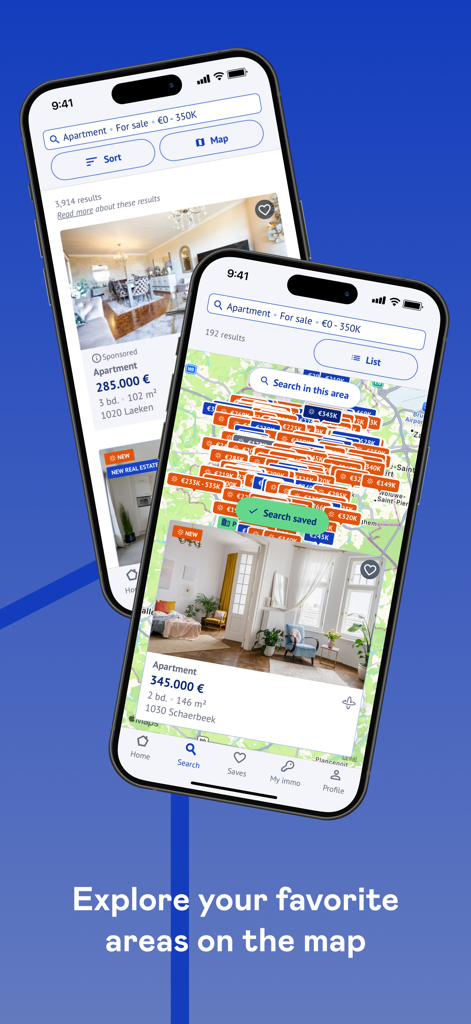 Immoweb mobile app interface showing property search results in list and map view for apartments in Belgium