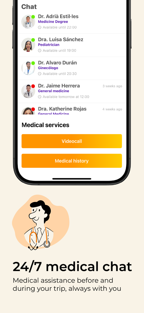 Interface of the IATI app showing a list of doctors available for 24/7 medical chat and video calls.