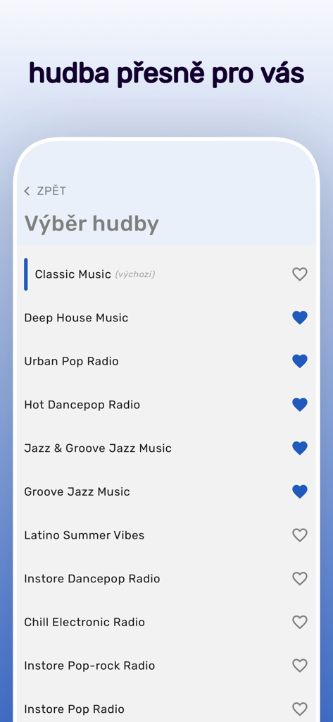 Interfaz de la aplicación Dirigent que muestra una lista de géneros musicales curados como Deep House y Urban Pop para negocios.