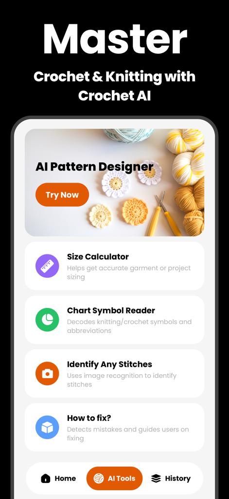 Crochet AI - for Beginner - L'interfaccia dell'app Crochet AI che mostra vari strumenti tra cui un designer di modelli AI, un identificatore di punti e un calcolatore di taglie.