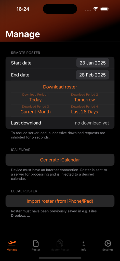 Interfaccia dell'app RosterX per il download di elenchi di turni di aviazione e la sincronizzazione con iCalendar