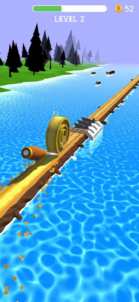 A chisel carving a wood spiral on a log in the Spiral Roll mobile game