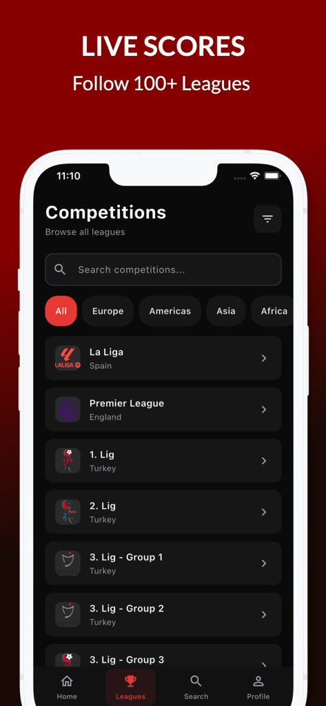 Sporium - Live Football Scores - A mobile app screen showing a list of global football competitions and leagues with region filters.