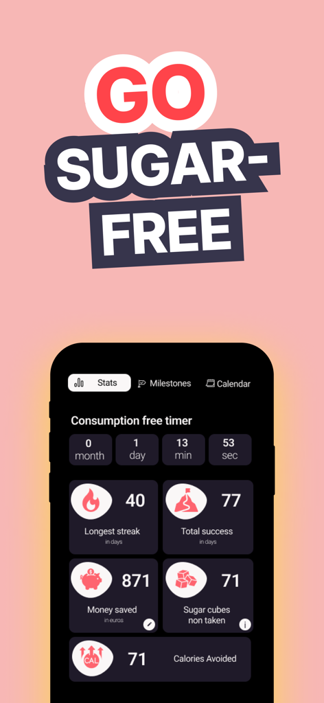 Quit Sugar Detox: BYEBYE SUGAR - A statistics dashboard in the ByeBye Sugar app showing progress tracking for days without sugar and calories avoided.