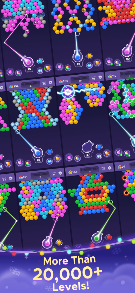 Bubble Relax: Pop Shooter - Un collage montrant divers niveaux colorés du jeu Bubble Relax pop shooter avec une bannière indiquant plus de 20 000 niveaux.
