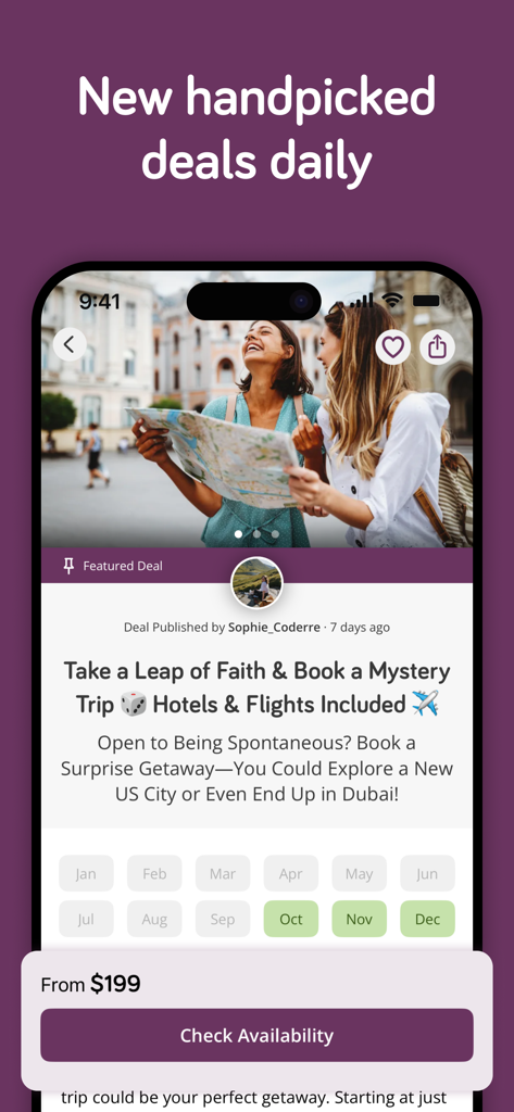 Interfaz de la aplicación TravelPirates que muestra una oferta de viaje misterioso con hoteles y vuelos a partir de 199 dólares