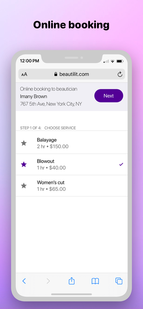 Beautician calendar - Mobiler Bildschirm mit der Online-Buchungsoberfläche für eine Kosmetikerin mit einer Liste von Haardienstleistungen und Preisen.