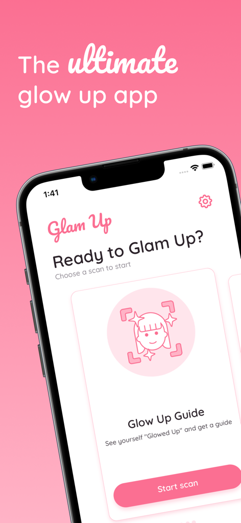 Glam Up - Perfect Your Look - iPhone displaying the Glam Up app interface with the Glow Up Guide scan feature on a pink background