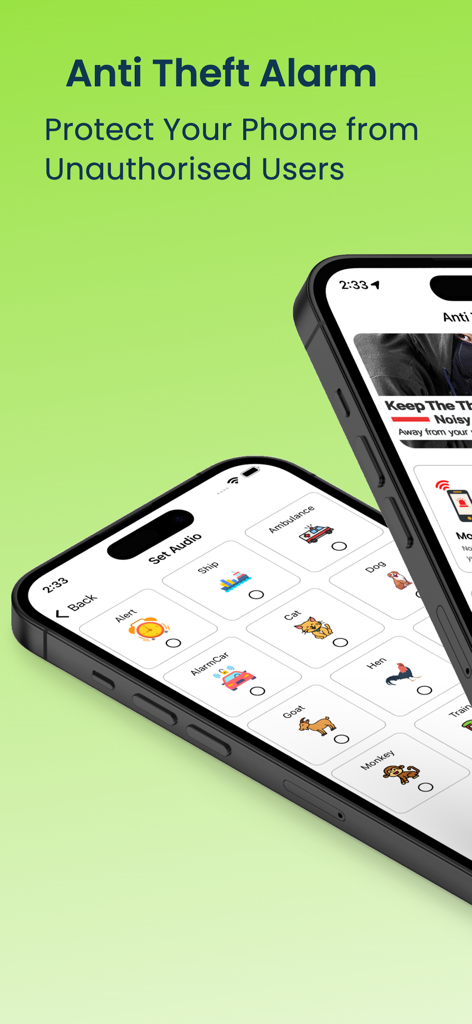 Anti Theft Alarm -Security App - SecureGuard app interface displaying custom alarm sound options for phone security protection