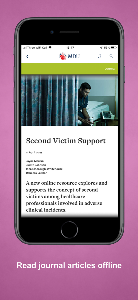 MDU - Tela do aplicativo móvel MDU mostrando um artigo de periódico médico sobre Suporte à Segunda Vítima com uma legenda para leitura offline