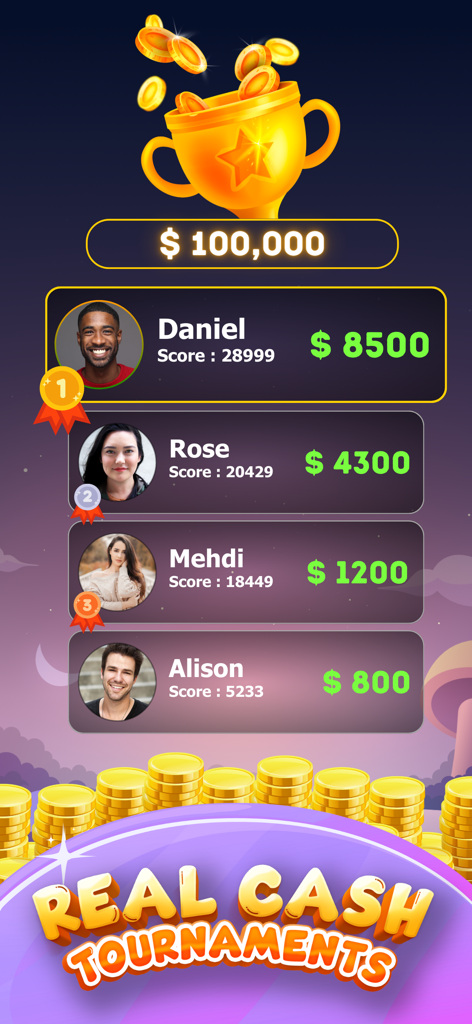Leaderboard of real cash tournaments in the Bingo Real Money app