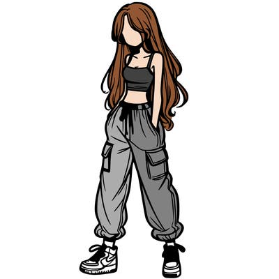 girl in baggy pants crop top and long hair
