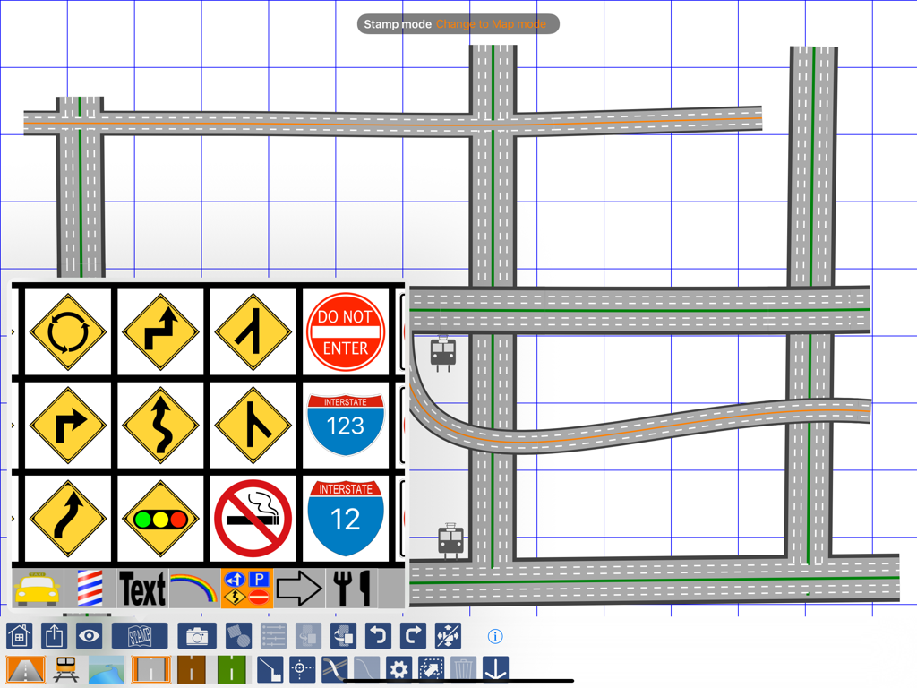 iPad screen displaying the i Map Editor app with a hand drawn road map and a menu of road sign stamps
