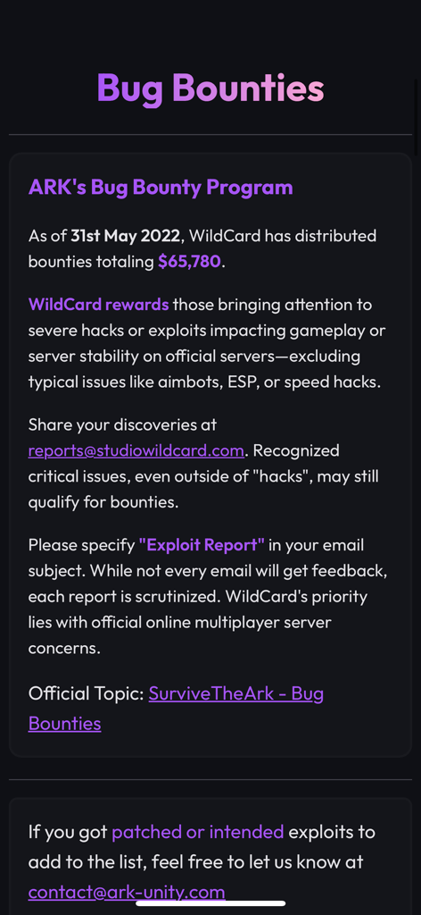 Screenshot of the Bug Bounties information screen in the ARK Unity app