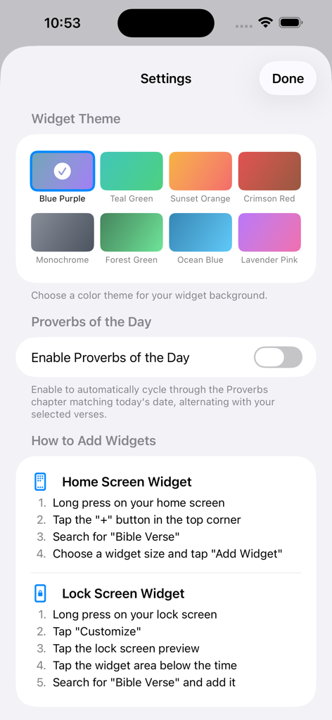 Settings page of the Bible Verse Widgets app showing various color themes and instructions for adding home and lock screen widgets.