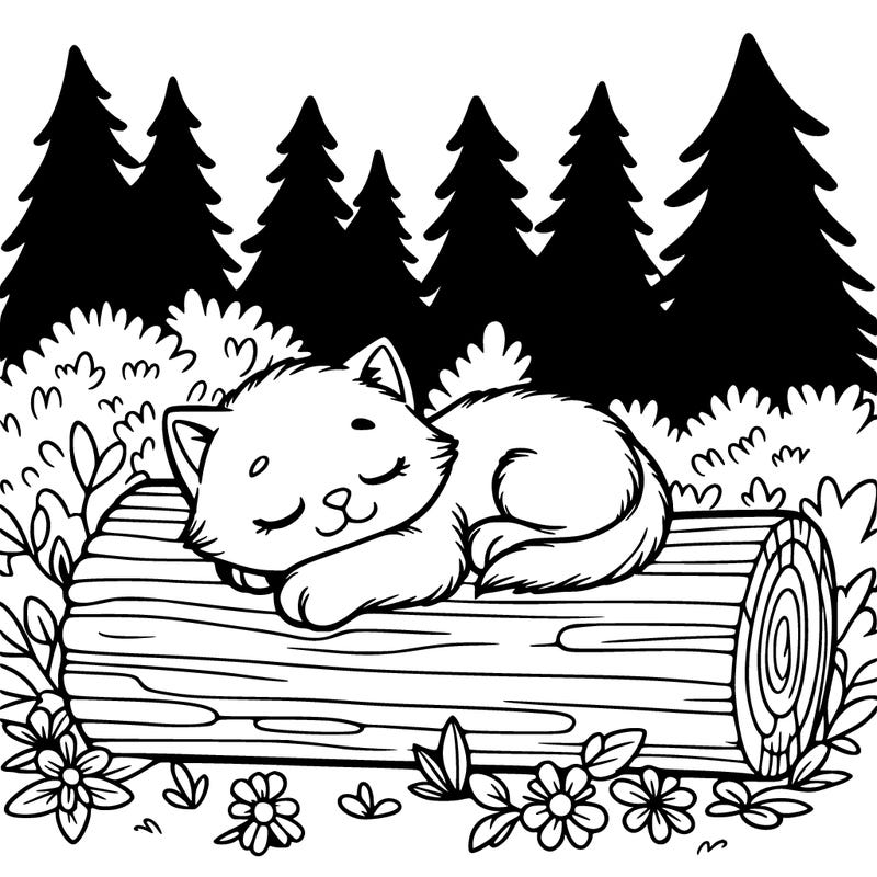 kitten sleeping om a log in a magical forest