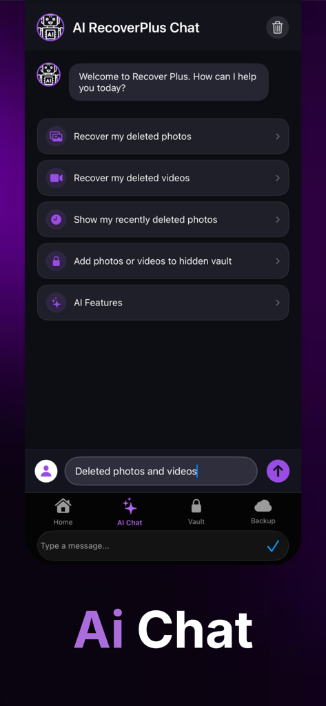 Recover Plus: Photo Recovery - Recover Plus KI-Chat-Bildschirm mit Optionen zur Wiederherstellung gelöschter Fotos und Videos