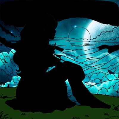 realistic girl sitting on a realistic hill with a realistic sunset